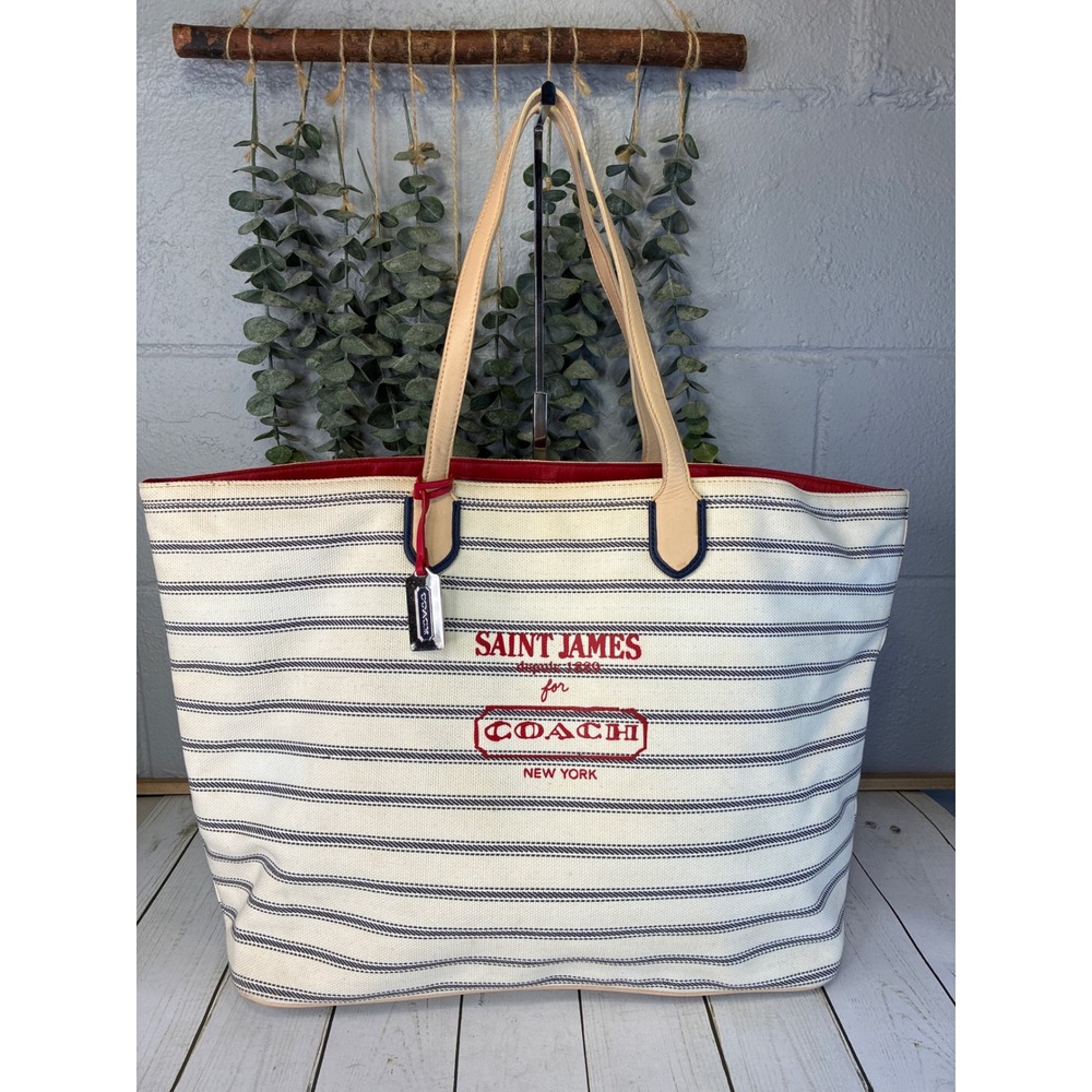 Coach x Saint James Limited Collab Striped Canvas Tote Bag Cream Navy Red 23478